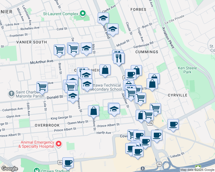 map of restaurants, bars, coffee shops, grocery stores, and more near 552 Dunbrack Street in Ottawa