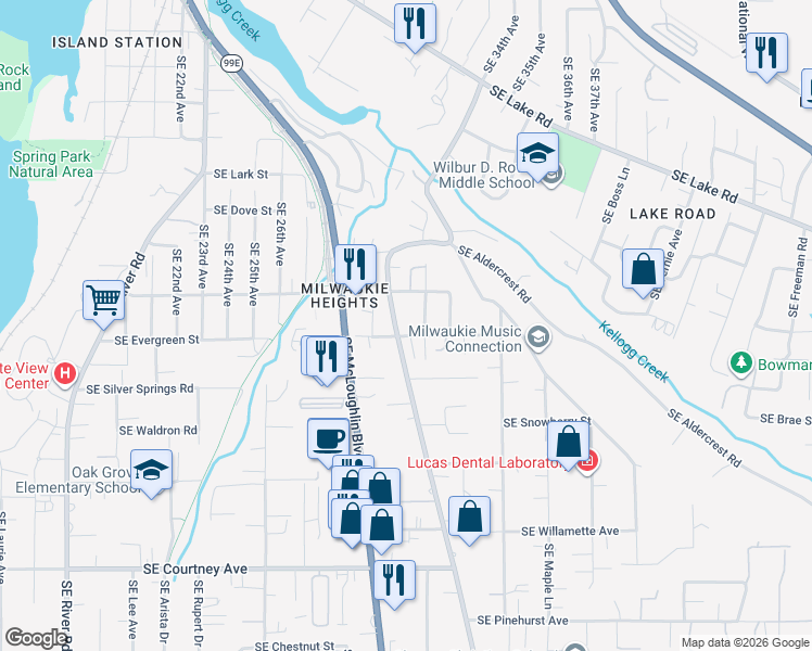 map of restaurants, bars, coffee shops, grocery stores, and more near 12921 Southeast Oatfield Road in Milwaukie