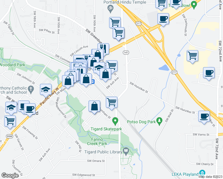 map of restaurants, bars, coffee shops, grocery stores, and more near 8800 Southwest Commercial Street in Tigard