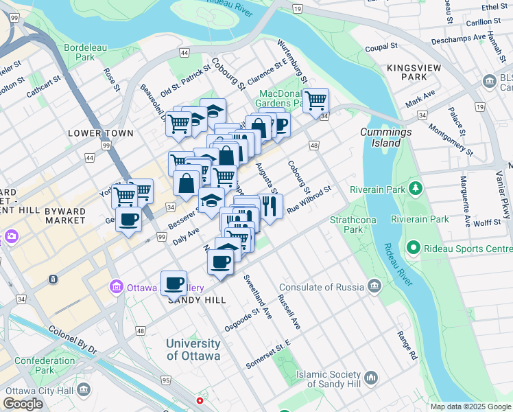 map of restaurants, bars, coffee shops, grocery stores, and more near in Ottawa