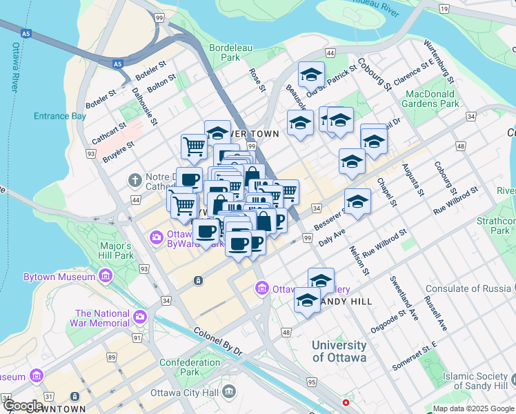 map of restaurants, bars, coffee shops, grocery stores, and more near in Ottawa