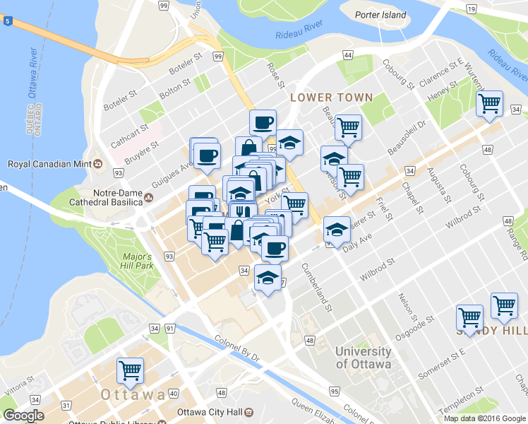 map of restaurants, bars, coffee shops, grocery stores, and more near in Ottawa