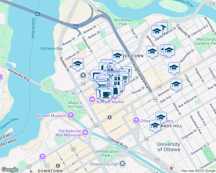 map of restaurants, bars, coffee shops, grocery stores, and more near in Ottawa