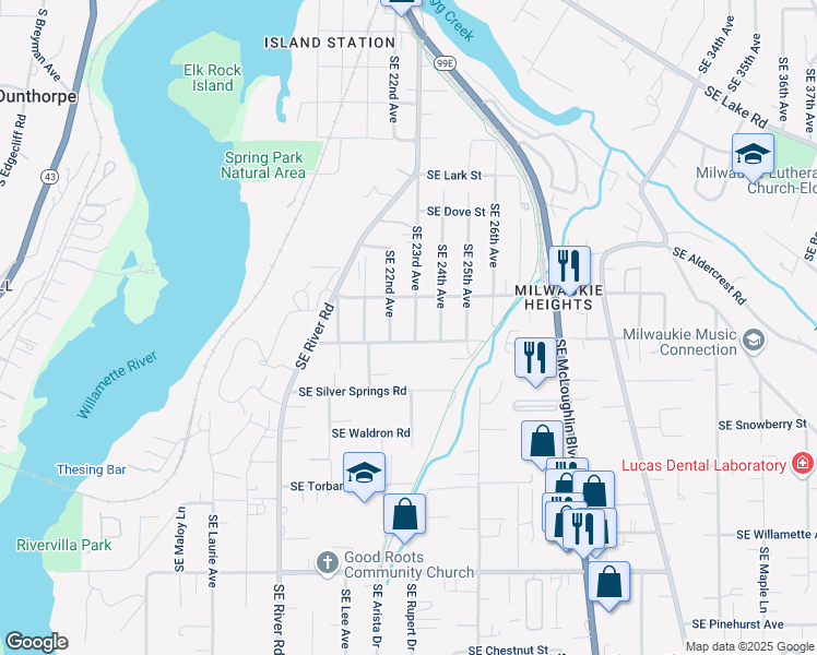 map of restaurants, bars, coffee shops, grocery stores, and more near 2335 Southeast Evergreen Street in Milwaukie