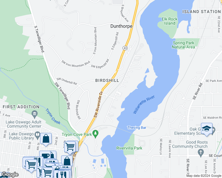 map of restaurants, bars, coffee shops, grocery stores, and more near 51 Southwest Briarwood Road in Lake Oswego