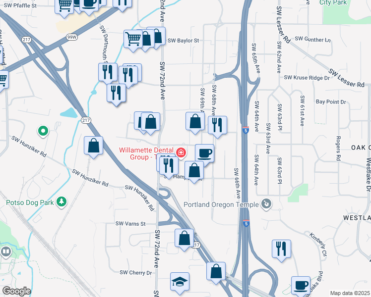 map of restaurants, bars, coffee shops, grocery stores, and more near 7090 Southwest Beveland Street in Tigard