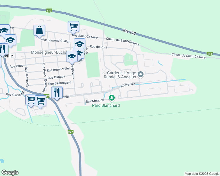 map of restaurants, bars, coffee shops, grocery stores, and more near 2445 Boulevard Ivanier in Marieville