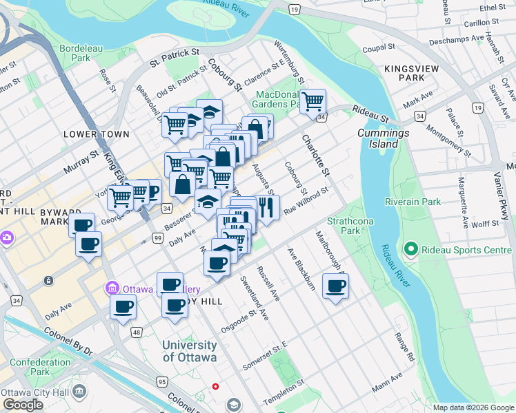map of restaurants, bars, coffee shops, grocery stores, and more near 267 Stewart Street in Ottawa
