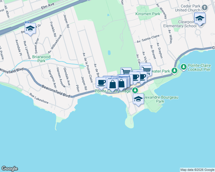 map of restaurants, bars, coffee shops, grocery stores, and more near 12 Avenue du Golf in Pointe-Claire