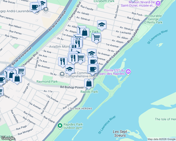 map of restaurants, bars, coffee shops, grocery stores, and more near 31 7e Avenue in Montreal
