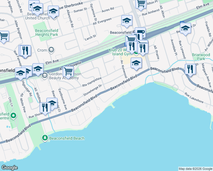 map of restaurants, bars, coffee shops, grocery stores, and more near 164 Stonehenge Drive in Beaconsfield