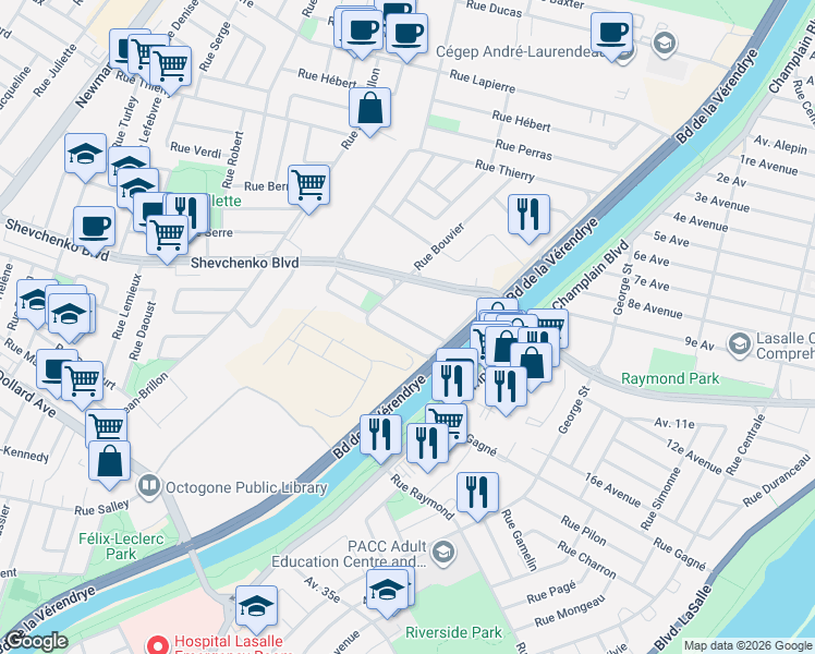 map of restaurants, bars, coffee shops, grocery stores, and more near 1054 Rue Sylvestre in Montréal