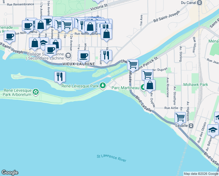 map of restaurants, bars, coffee shops, grocery stores, and more near 30 Rue McLaughlin in Montréal