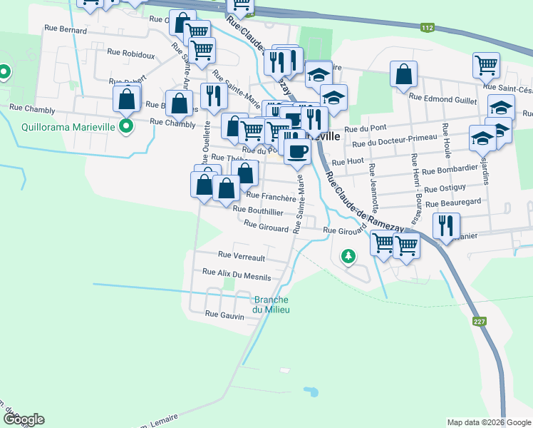map of restaurants, bars, coffee shops, grocery stores, and more near 1230 Rue Bouthillier in Marieville