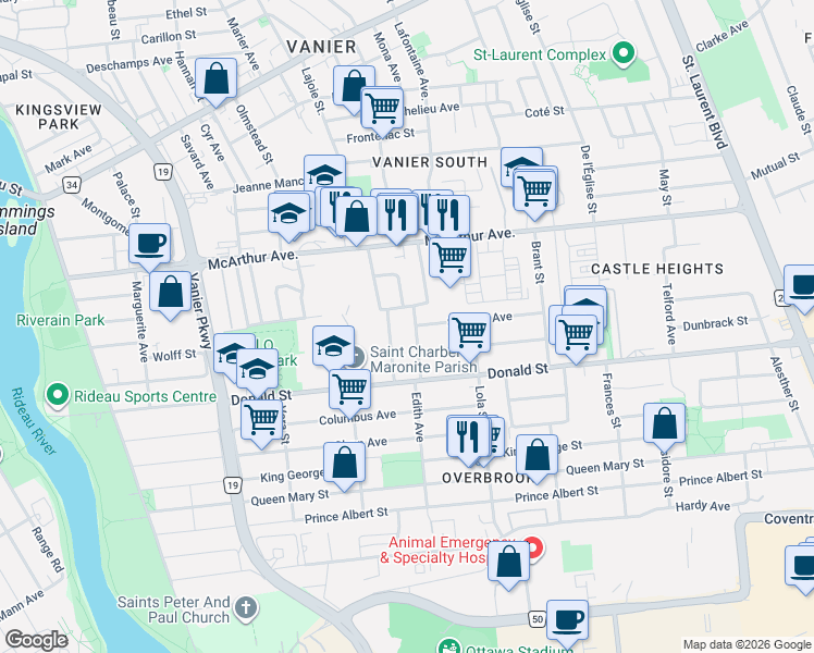 map of restaurants, bars, coffee shops, grocery stores, and more near in Ottawa