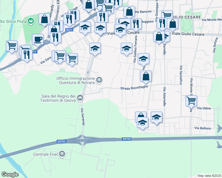 map of restaurants, bars, coffee shops, grocery stores, and more near 46 Via Crimea in Novara
