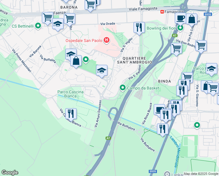 map of restaurants, bars, coffee shops, grocery stores, and more near 39 Via San Vigilio in Milano