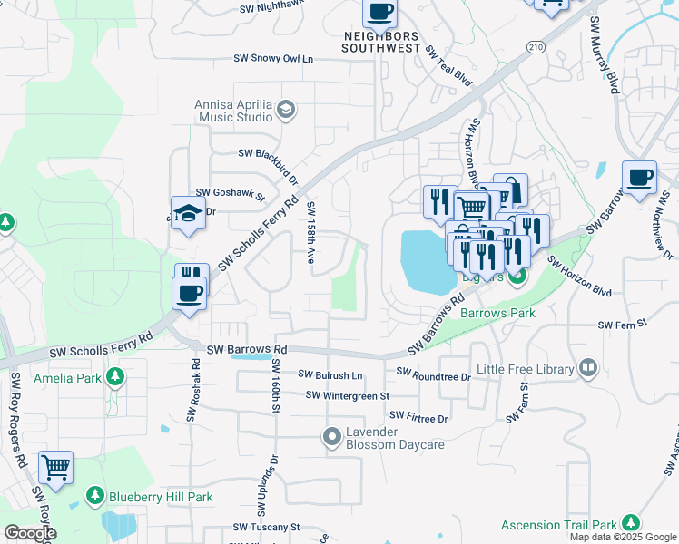 map of restaurants, bars, coffee shops, grocery stores, and more near 12512 Southwest Sheldrake Way in Beaverton