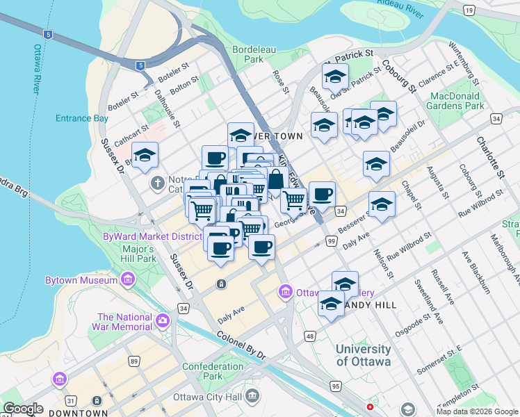 map of restaurants, bars, coffee shops, grocery stores, and more near 134 York Street in Ottawa