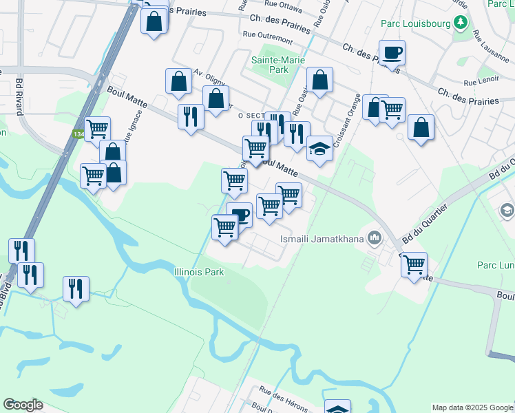 map of restaurants, bars, coffee shops, grocery stores, and more near in Brossard