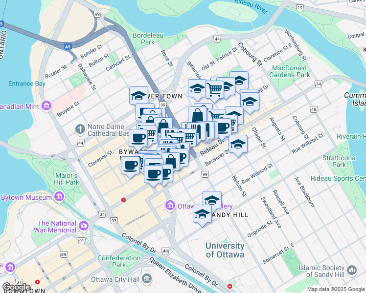 map of restaurants, bars, coffee shops, grocery stores, and more near 195 George Street in Ottawa