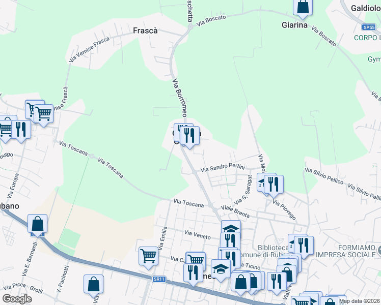 map of restaurants, bars, coffee shops, grocery stores, and more near 80A Via Borromeo in Cascina Griggio