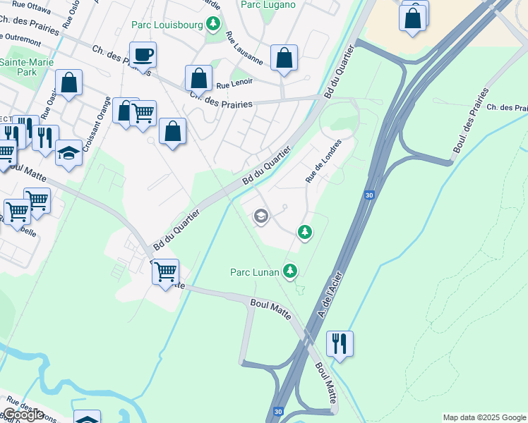 map of restaurants, bars, coffee shops, grocery stores, and more near 6305 Rue de Lancaster in Brossard