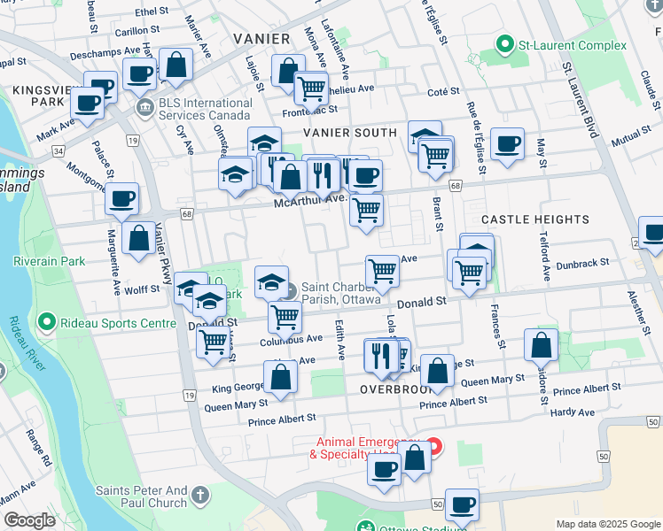 map of restaurants, bars, coffee shops, grocery stores, and more near 944 Eve Street in Ottawa