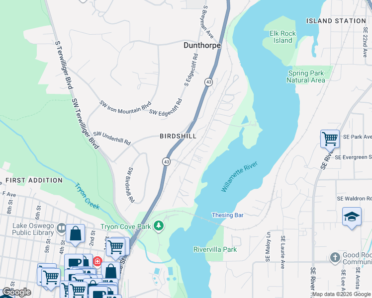 map of restaurants, bars, coffee shops, grocery stores, and more near 13344 Briarwood Lane in Lake Oswego