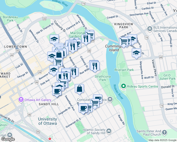 map of restaurants, bars, coffee shops, grocery stores, and more near in Ottawa