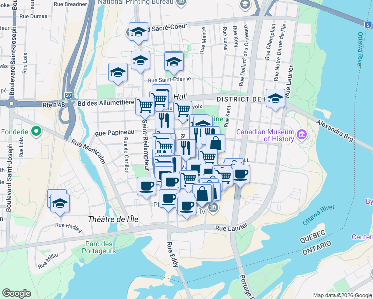 map of restaurants, bars, coffee shops, grocery stores, and more near 102 Rue Leduc in Gatineau
