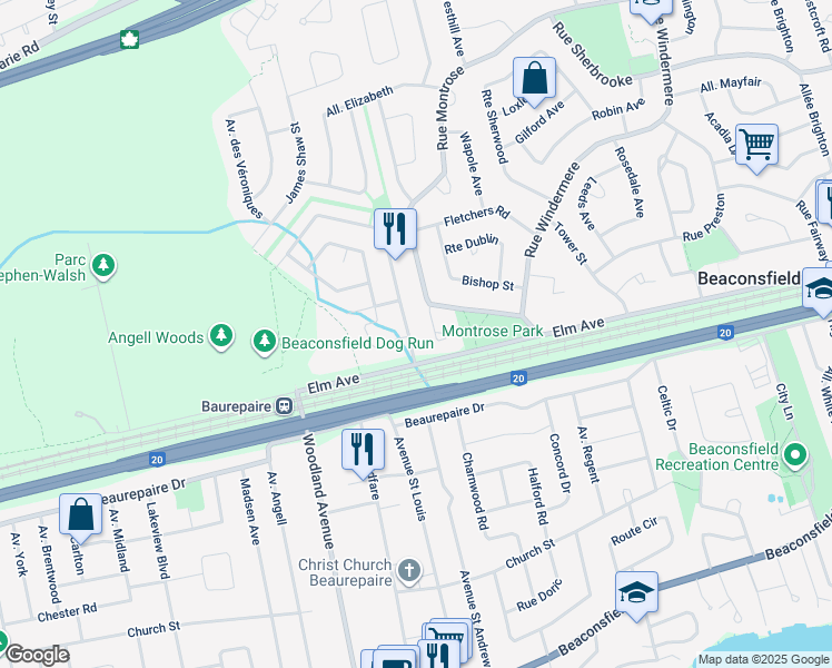 map of restaurants, bars, coffee shops, grocery stores, and more near 239 Rue Alice Carrière in Beaconsfield