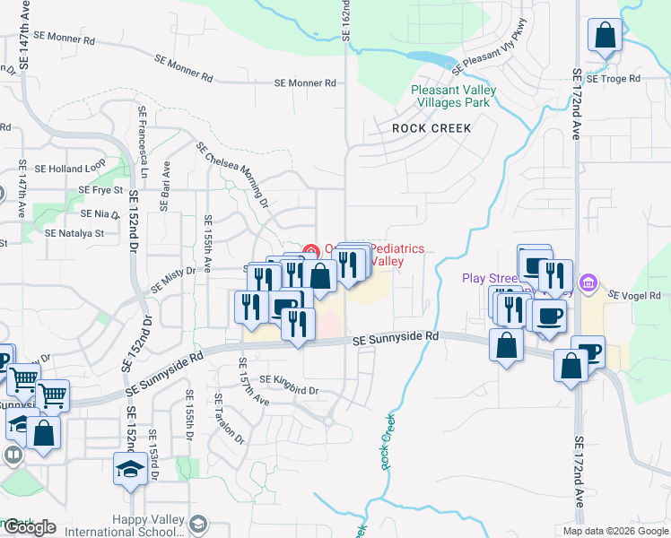 map of restaurants, bars, coffee shops, grocery stores, and more near 16000 Southeast Misty Drive in Happy Valley