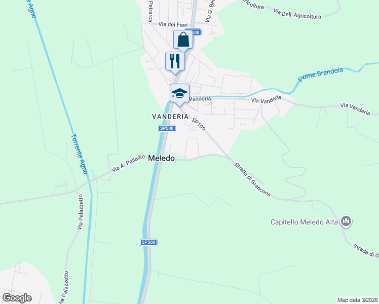 map of restaurants, bars, coffee shops, grocery stores, and more near 81 Via degli Arnaldi in Meledo