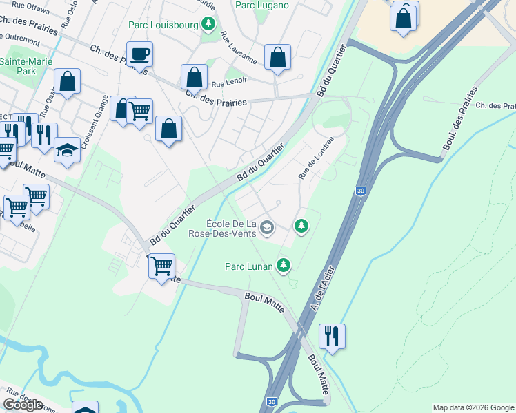 map of restaurants, bars, coffee shops, grocery stores, and more near 6305 Rue de Lancaster in Brossard