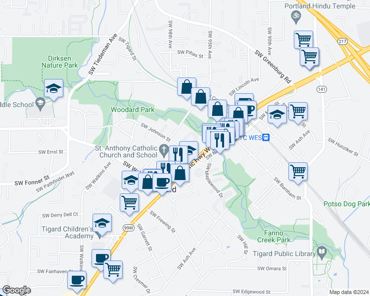 map of restaurants, bars, coffee shops, grocery stores, and more near 9685 Southwest Johnson Street in Portland