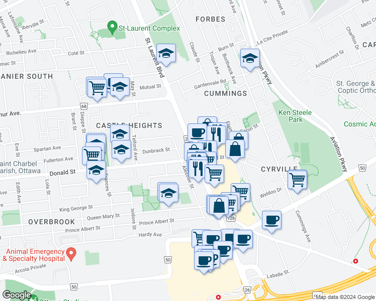 map of restaurants, bars, coffee shops, grocery stores, and more near 976 Saint Laurent Boulevard in Ottawa