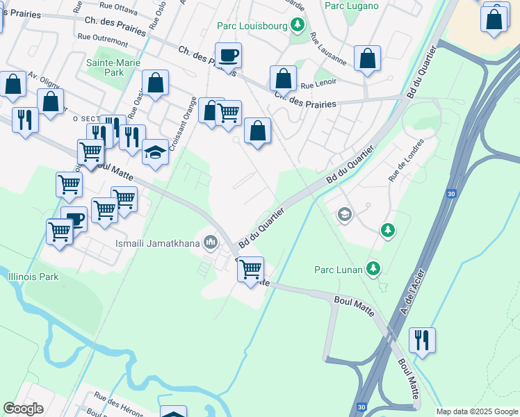 map of restaurants, bars, coffee shops, grocery stores, and more near 8888 Boulevard du Quartier in Brossard