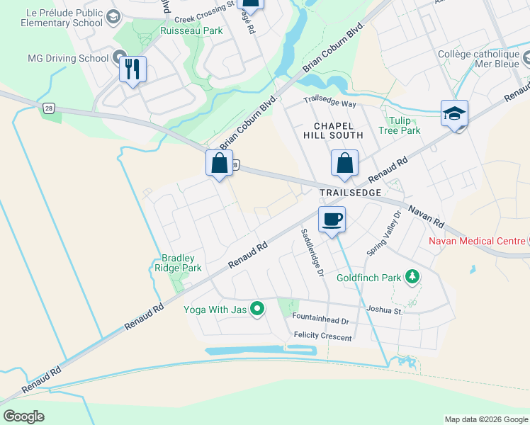 map of restaurants, bars, coffee shops, grocery stores, and more near 12 Tenuto Lane in Ottawa