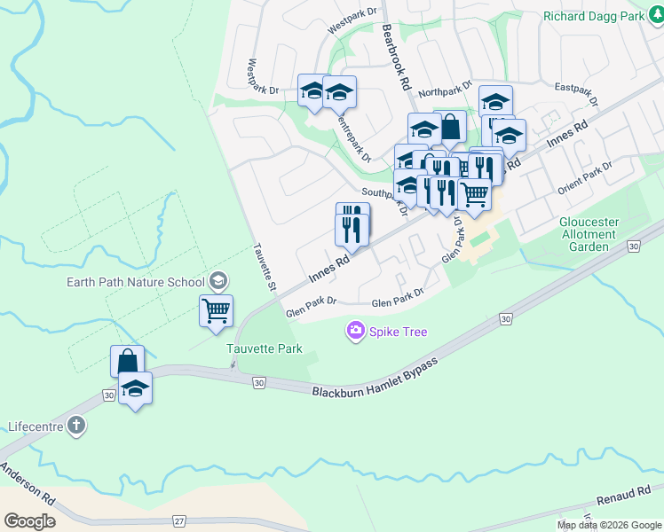 map of restaurants, bars, coffee shops, grocery stores, and more near 14 Pennington Lane in Ottawa