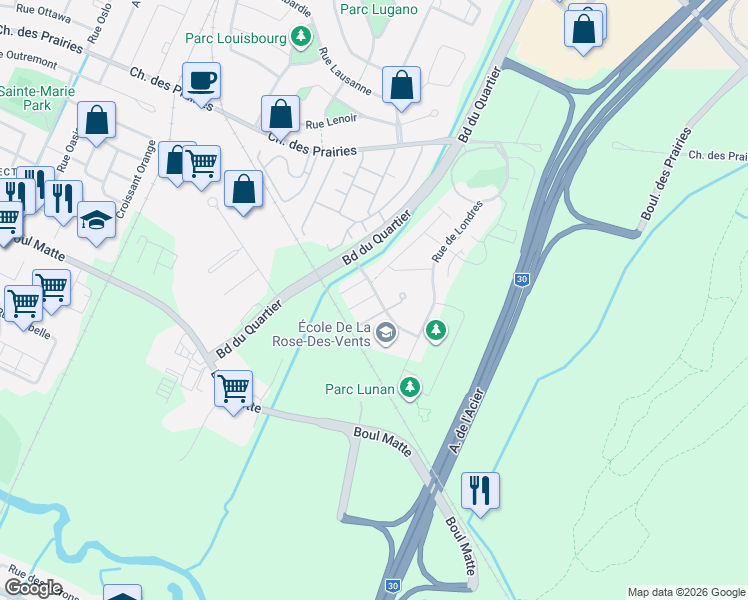 map of restaurants, bars, coffee shops, grocery stores, and more near 6335 Rue de Lancaster in Brossard