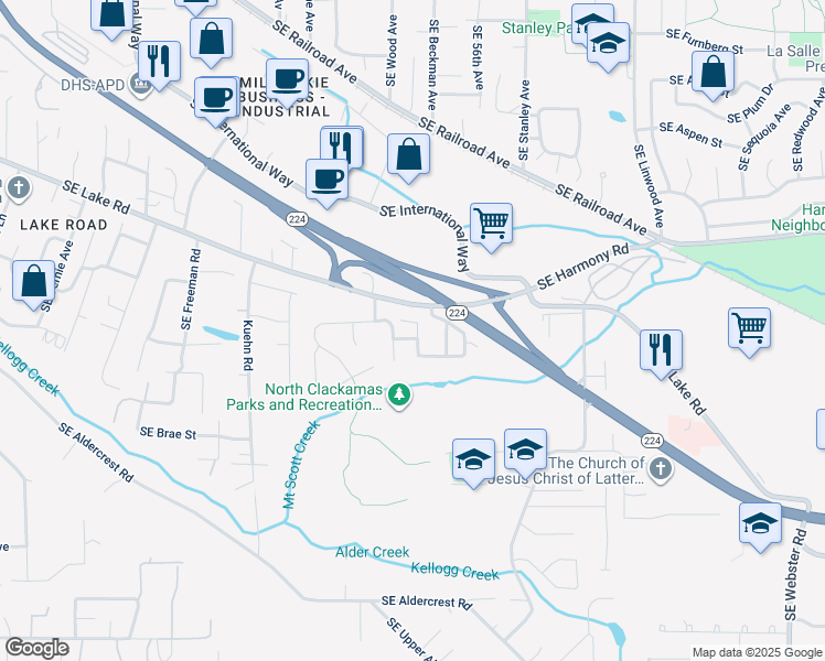 map of restaurants, bars, coffee shops, grocery stores, and more near 12930 Southeast La Cresta Drive in Milwaukie