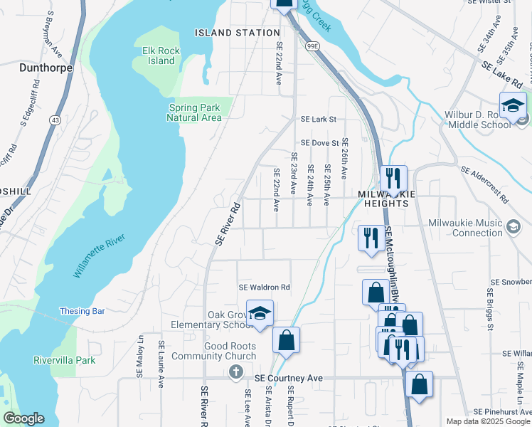 map of restaurants, bars, coffee shops, grocery stores, and more near 12965 Southeast 22nd Avenue in Milwaukie