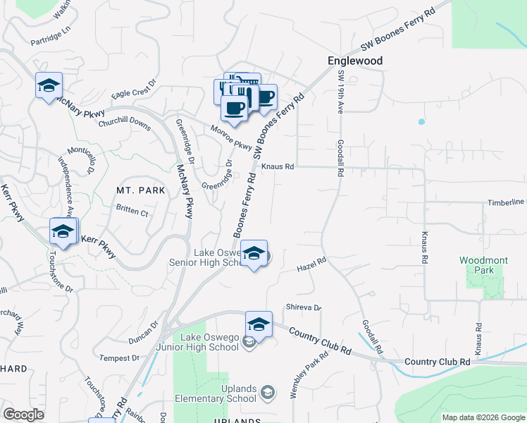 map of restaurants, bars, coffee shops, grocery stores, and more near 13200 Thoma Road in Lake Oswego