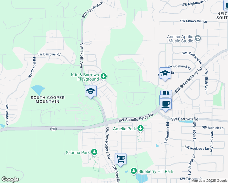 map of restaurants, bars, coffee shops, grocery stores, and more near 17115 Southwest Albatross Lane in Beaverton