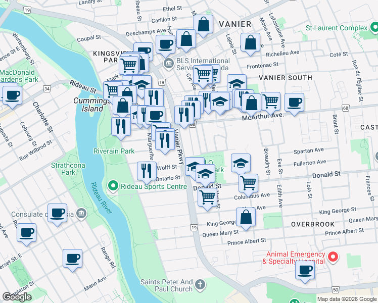 map of restaurants, bars, coffee shops, grocery stores, and more near 158 C McArthur Avenue in Ottawa