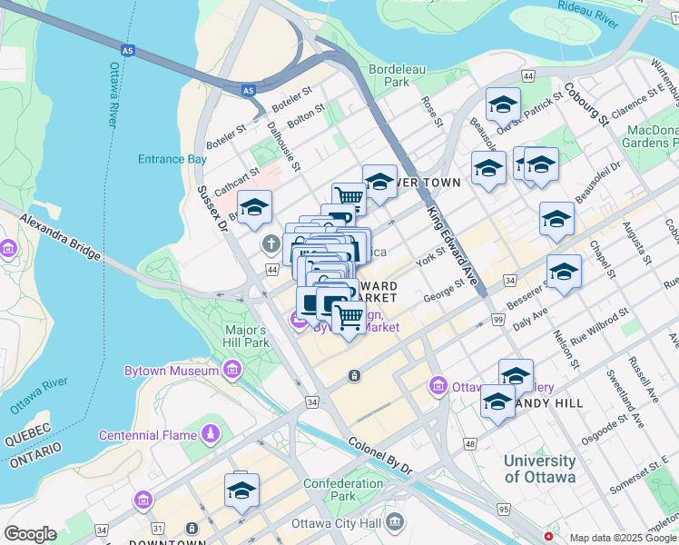 map of restaurants, bars, coffee shops, grocery stores, and more near 92 Clarence Street in Ottawa