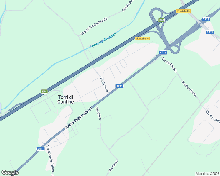 map of restaurants, bars, coffee shops, grocery stores, and more near 26 Strada Regionale 11 in Torri di Confine
