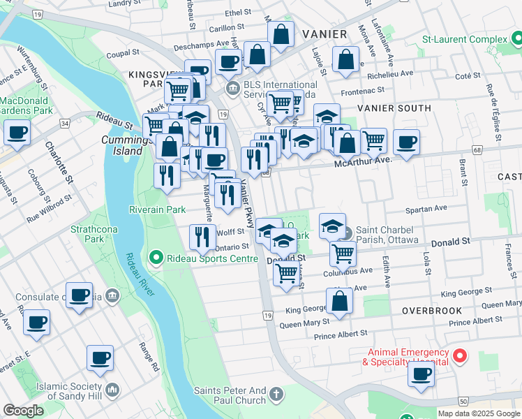 map of restaurants, bars, coffee shops, grocery stores, and more near 158 C McArthur Avenue in Ottawa