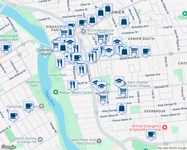map of restaurants, bars, coffee shops, grocery stores, and more near 158 McArthur Avenue in Ottawa